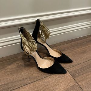 Vince Camuto Heel Pump Black Suede with Gold Ankle Straps SZ 12